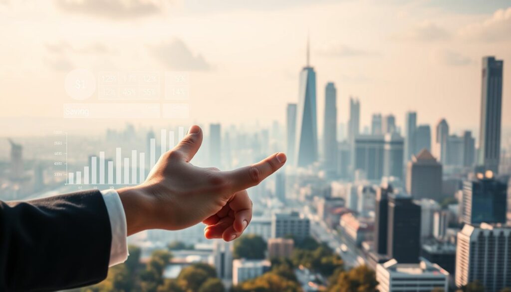 A dynamic scene of effortless wealth building through automated savings. In the foreground, a hand gestures towards a sleek, modern digital interface with interactive charts and graphs depicting savings growth over time. In the middle ground, an abstract landscape of cascading currency symbols and financial icons, conveying the power of compound interest. In the background, a hazy, dreamlike cityscape with towering skyscrapers and a vibrant, prosperous atmosphere. Soft, warm lighting illuminates the scene, creating a sense of ease and optimism. The overall composition suggests the seamless, automated nature of smart financial planning for a secure future. A dynamic scene of effortless wealth building through automated savings. In the foreground, a hand gestures towards a sleek, modern digital interface with interactive charts and graphs depicting savings growth over time. In the middle ground, an abstract landscape of cascading currency symbols and financial icons, conveying the power of compound interest. In the background, a hazy, dreamlike cityscape with towering skyscrapers and a vibrant, prosperous atmosphere. Soft, warm lighting illuminates the scene, creating a sense of ease and optimism. The overall composition suggests the seamless, automated nature of smart financial planning for a secure future.