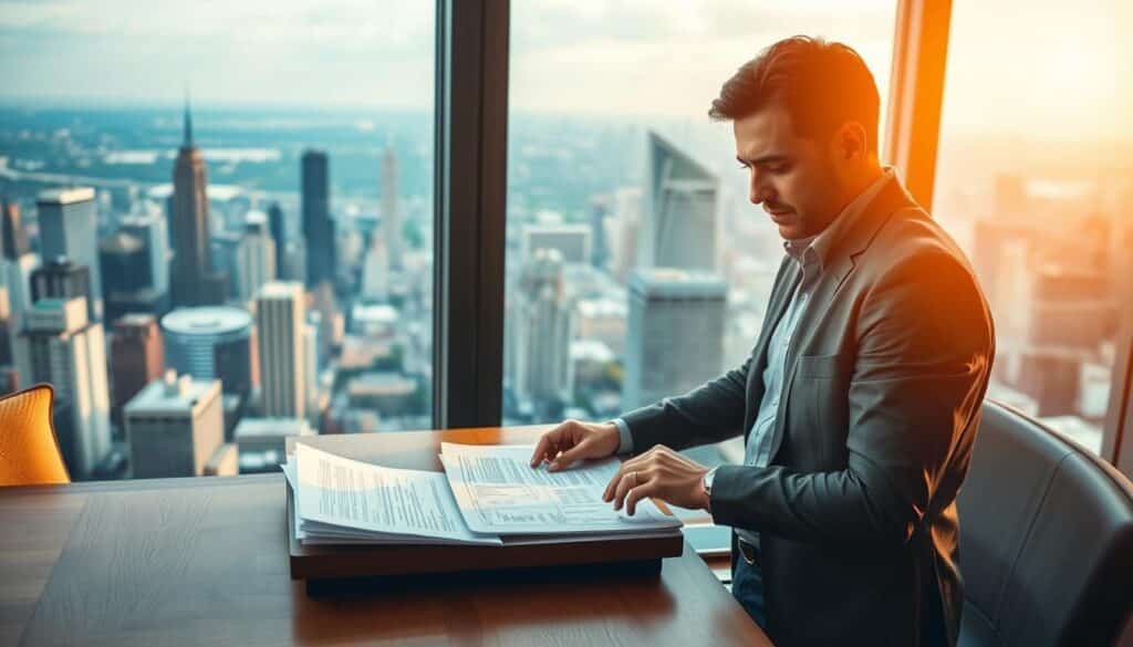 A financial advisor stands at a wooden desk, intently studying tax documents and calculations. Behind them, a window offers a panoramic view of a bustling city skyline, symbolizing the broader financial landscape. The advisor's expression conveys a sense of focused determination, as they navigate the complexities of tax planning to help their client secure their financial future. Soft, warm lighting casts a thoughtful glow over the scene, evoking a feeling of trust and expertise. The overall composition highlights the importance of tax planning as a critical component of comprehensive financial planning. A financial advisor stands at a wooden desk, intently studying tax documents and calculations. Behind them, a window offers a panoramic view of a bustling city skyline, symbolizing the broader financial landscape. The advisor's expression conveys a sense of focused determination, as they navigate the complexities of tax planning to help their client secure their financial future. Soft, warm lighting casts a thoughtful glow over the scene, evoking a feeling of trust and expertise. The overall composition highlights the importance of tax planning as a critical component of comprehensive financial planning.