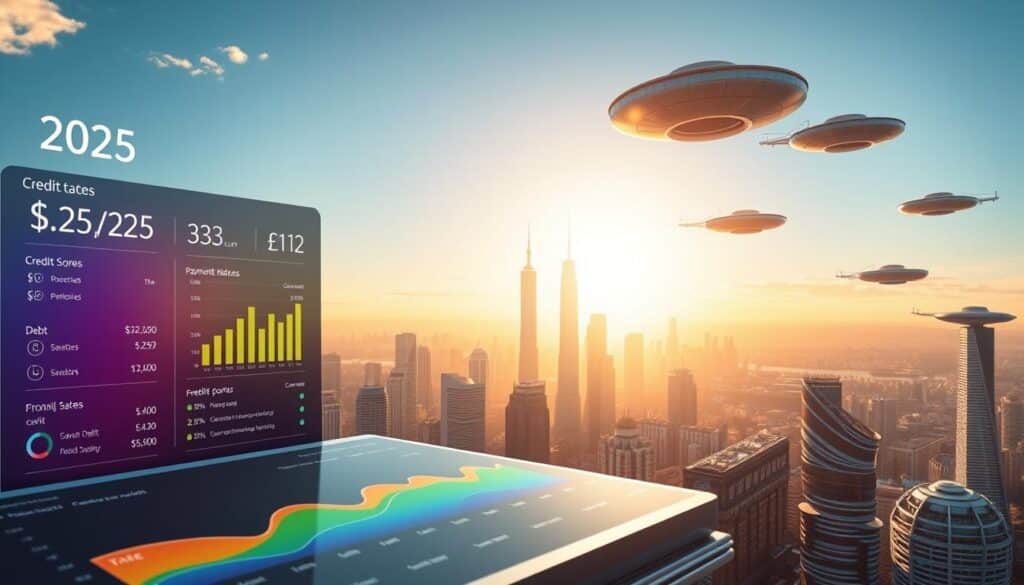 A futuristic financial landscape in 2025, showcasing the optimal credit health. In the foreground, a sleek, minimalist interface displays credit scores, debt levels, and payment histories with precision. The middle ground features a dynamic graph charting the steady improvement of personal finances over time, represented by vibrant color gradients. The background immerses the viewer in a serene, technologically-advanced cityscape, with towering skyscrapers and hovering transport systems, all bathed in a warm, golden light. The overall atmosphere conveys a sense of financial empowerment, security, and a bright, prosperous future.