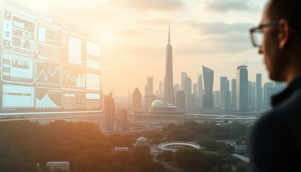 A futuristic landscape reflecting the evolving nature of investment risk analysis. In the foreground, a holographic display projects intricate data visualizations, analyzed by an AI assistant. The middle ground features an augmented reality interface, where risk factors are dynamically mapped and simulated. In the background, a city skyline with towering skyscrapers and advanced infrastructure hints at the technological advancements shaping the future of finance. Soft, diffused lighting creates an aura of innovation and sophistication, while the composition conveys a sense of control and foresight in the face of an ever-changing investment landscape.