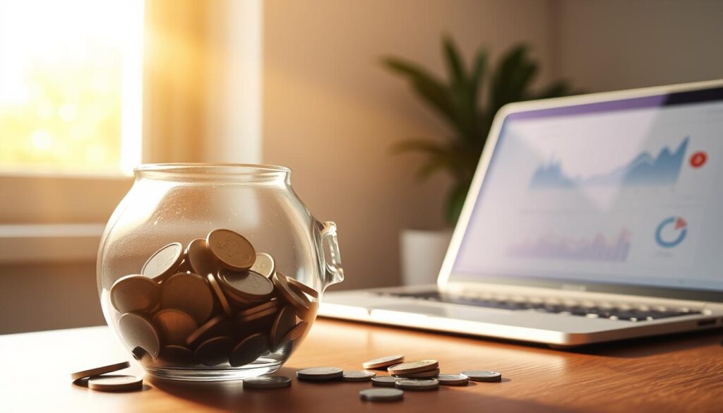 A glass piggy bank filled with coins, sitting on a wooden desk. In the background, a laptop with a savings app or investment dashboard open, casting a soft glow. Sunlight streams through a window, creating a warm, inviting atmosphere. The composition emphasizes the harmony between analog and digital financial tools, showcasing how automated savings and investing can simplify and optimize personal finance. The scene conveys a sense of financial security, control, and the power of technology-enabled saving habits. A glass piggy bank filled with coins, sitting on a wooden desk. In the background, a laptop with a savings app or investment dashboard open, casting a soft glow. Sunlight streams through a window, creating a warm, inviting atmosphere. The composition emphasizes the harmony between analog and digital financial tools, showcasing how automated savings and investing can simplify and optimize personal finance. The scene conveys a sense of financial security, control, and the power of technology-enabled saving habits.