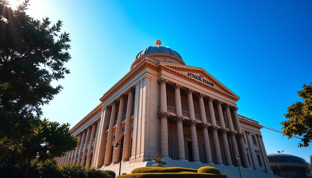 A grand, classical building with a prominent dome, representing the Athens Stock Exchange. The facade is adorned with columns and intricate architectural details, exuding an air of importance and tradition. The image is captured from an angle that emphasizes the stately presence of the structure, set against a clear, azure sky. Sunlight casts warm, golden tones across the building, creating a sense of sophistication and authority. The surrounding area is clean and well-manicured, with lush greenery complementing the imposing presence of the stock exchange. The overall composition conveys the significance and prestige of this prominent Greek financial institution.