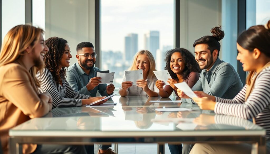 A group of people enthusiastically discussing their positive experiences with the TD Cash Back Visa Infinite Card. In the foreground, a diverse group of individuals seated around a table, animatedly sharing stories and showing each other their credit card statements. Soft, warm lighting illuminates their faces, conveying a sense of camaraderie and satisfaction. In the middle ground, a sleek, metal-framed table reflects the scene, while the background features a modern, minimalist office setting with floor-to-ceiling windows offering a scenic city view. The overall atmosphere is one of genuine customer delight and approval for the TD Cash Back Visa Infinite Card.