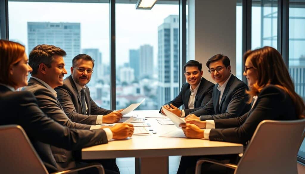 A group of professional tax advisors in formal attire, seated around a conference table, engaged in a meeting. Warm lighting illuminates their faces as they review documents and discuss financial matters. The room has a modern, minimalist design with floor-to-ceiling windows providing a scenic cityscape backdrop. The tax advisors exhibit a serious yet approachable demeanor, conveying their expertise and dedication to guiding their clients through complex tax regulations.