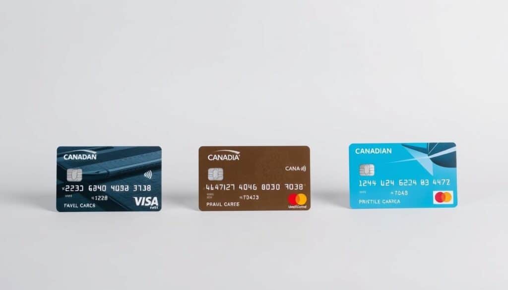 A high-quality, detailed comparison of four Canadian travel reward credit cards against a clean, minimalist background. In the foreground, the cards are arranged in a grid, showcasing their distinctive designs and logos. The middle ground features a subtle, angular grid pattern to provide visual interest and structure. The background is a soft, muted gradient, creating a professional, elegant atmosphere. The lighting is balanced, with gentle highlights and shadows accentuating the card details. The overall composition is visually striking, allowing the viewer to clearly examine and compare the various card offerings.