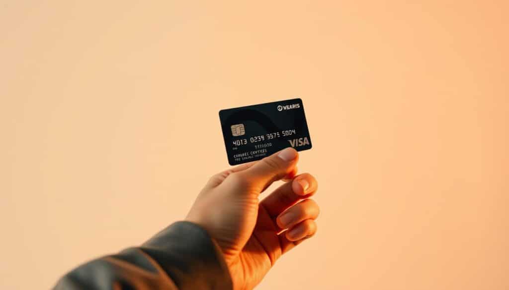 A high-quality, realistic image of a person's hand holding a credit card in a well-lit, minimalist setting. The card should be the focal point, with a warm, soft lighting highlighting the details and branding. The background should be a simple, neutral color, creating a clean and elegant composition. The mood should convey a sense of financial control and the ability to maximize rewards through responsible card usage.