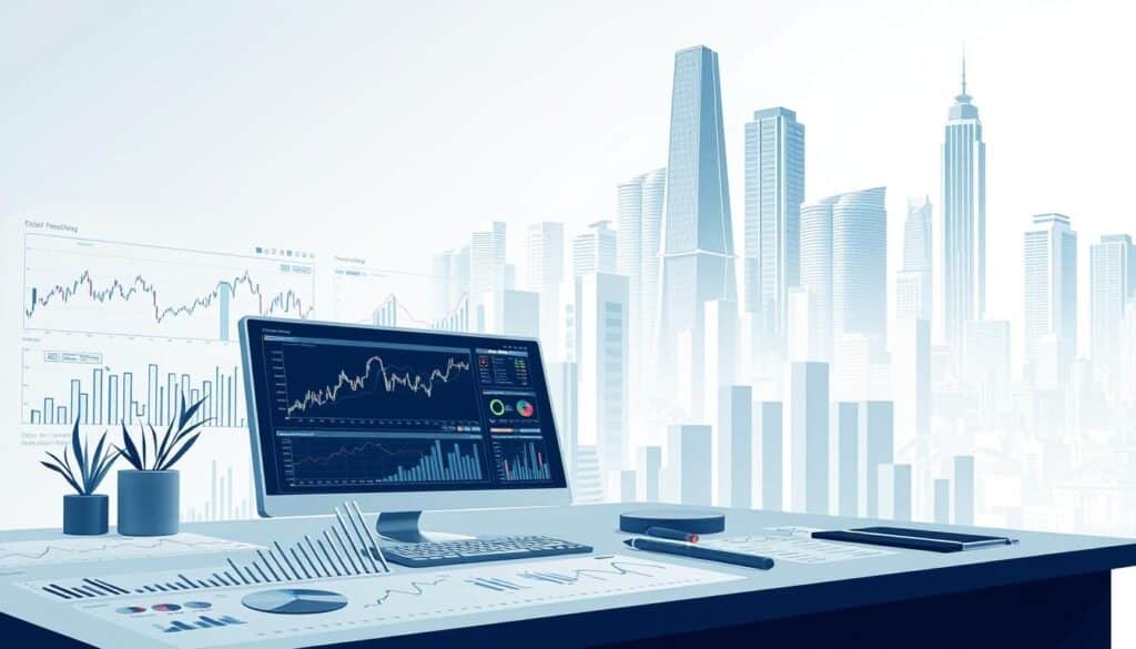 A highly detailed, meticulously crafted illustration showcasing a comprehensive analysis of financial indicators. A clean, minimalist layout with a sharp, technical aesthetic. Prominent in the foreground, an array of financial charts, graphs, and visualizations, rendered in a crisp, data-driven style. In the middle ground, a desktop workspace with various analytical tools and software interfaces. In the background, a cityscape of towering skyscrapers, symbolizing the global financial landscape. The overall mood is one of analytical precision, financial acumen, and data-driven decision-making. A highly detailed, meticulously crafted illustration showcasing a comprehensive analysis of financial indicators. A clean, minimalist layout with a sharp, technical aesthetic. Prominent in the foreground, an array of financial charts, graphs, and visualizations, rendered in a crisp, data-driven style. In the middle ground, a desktop workspace with various analytical tools and software interfaces. In the background, a cityscape of towering skyscrapers, symbolizing the global financial landscape. The overall mood is one of analytical precision, financial acumen, and data-driven decision-making.