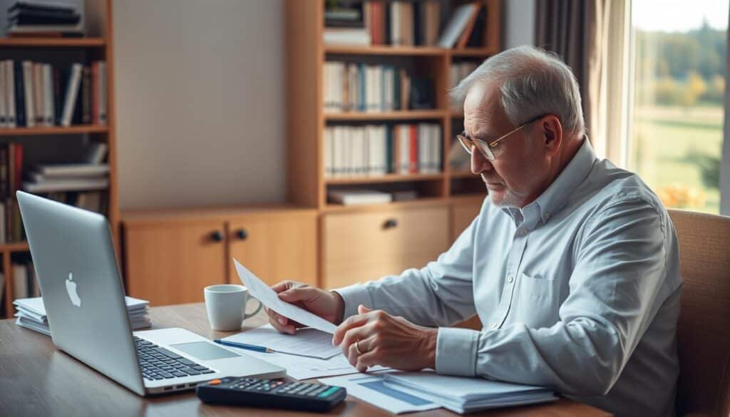 A mature person sitting at a desk, contemplating retirement planning documents and a laptop computer. The lighting is soft and warm, casting a thoughtful glow on the scene. The desk is neatly organized, with a cup of coffee, a calculator, and a stack of papers. In the background, a bookshelf filled with financial planning books and a window overlooking a peaceful suburban landscape. The overall atmosphere conveys a sense of diligence, focus, and careful consideration of one's financial future. A mature person sitting at a desk, contemplating retirement planning documents and a laptop computer. The lighting is soft and warm, casting a thoughtful glow on the scene. The desk is neatly organized, with a cup of coffee, a calculator, and a stack of papers. In the background, a bookshelf filled with financial planning books and a window overlooking a peaceful suburban landscape. The overall atmosphere conveys a sense of diligence, focus, and careful consideration of one's financial future.