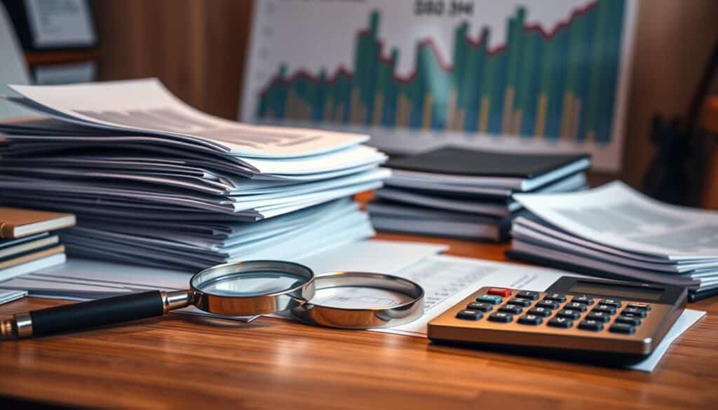 A meticulously organized desk, with stacks of documents, a magnifying glass, and a calculator symbolizing the intricate world of credit scores and collections. A soft, warm lighting illuminates the scene, creating a contemplative atmosphere. In the background, a blurred financial chart or graph adds depth and context, hinting at the broader financial landscape. The overall composition conveys the importance of diligently managing one's credit history and addressing any delinquencies or collections to improve one's financial standing.