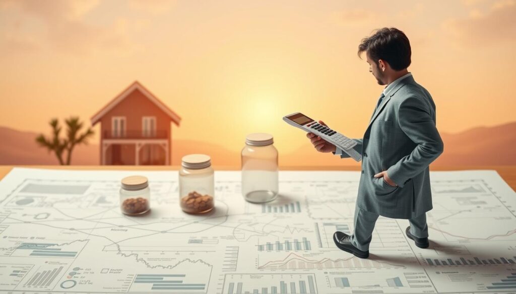 A meticulously planned financial strategy unfolds before us, a blueprint for a prosperous future. In the foreground, a personified representation of economic planning stands resolute, wielding the tools of the trade - calculators, charts, and graphs. The middle ground reveals a tranquil domestic scene, where savings jars and investment portfolios take shape, symbolizing the fruits of disciplined financial management. The background paints a serene, futuristic landscape, hinting at the long-term benefits of prudent economic decision-making. Soft, warm lighting casts a sense of security and stability, while a slightly elevated camera angle conveys the empowering nature of strategic financial planning. This holistic image encapsulates the essence of "οικονομικός σχεδιασμός" - a comprehensive approach to securing financial well-being and a brighter tomorrow.