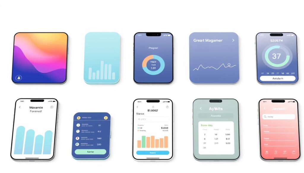 A minimalistic and clean digital illustration of a variety of modern budgeting apps displayed on a white background. The apps are arranged in an organized grid layout, showcasing their sleek user interfaces and intuitive features. The overall scene has a soft, warm lighting and a serene, inviting atmosphere, reflecting the ease and simplicity of using technology to manage personal finances. The apps are presented in a way that highlights their capabilities to streamline smart saving, with a focus on visual clarity and functional design.