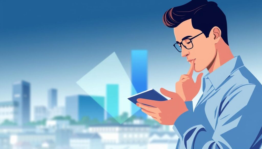 A modern and minimalist digital illustration showcasing a financial solution. In the foreground, a person is thoughtfully examining a tablet or document, representing the decision-making process. The middle ground features a clean, abstract geometric composition in shades of blue and green, symbolizing the various financial options. The background has a soft, blurred cityscape, hinting at the broader business landscape. The lighting is soft and directional, creating a sense of depth and focus. The overall mood is one of contemplation, professionalism, and clarity, reflecting the careful selection of the right financial solution.