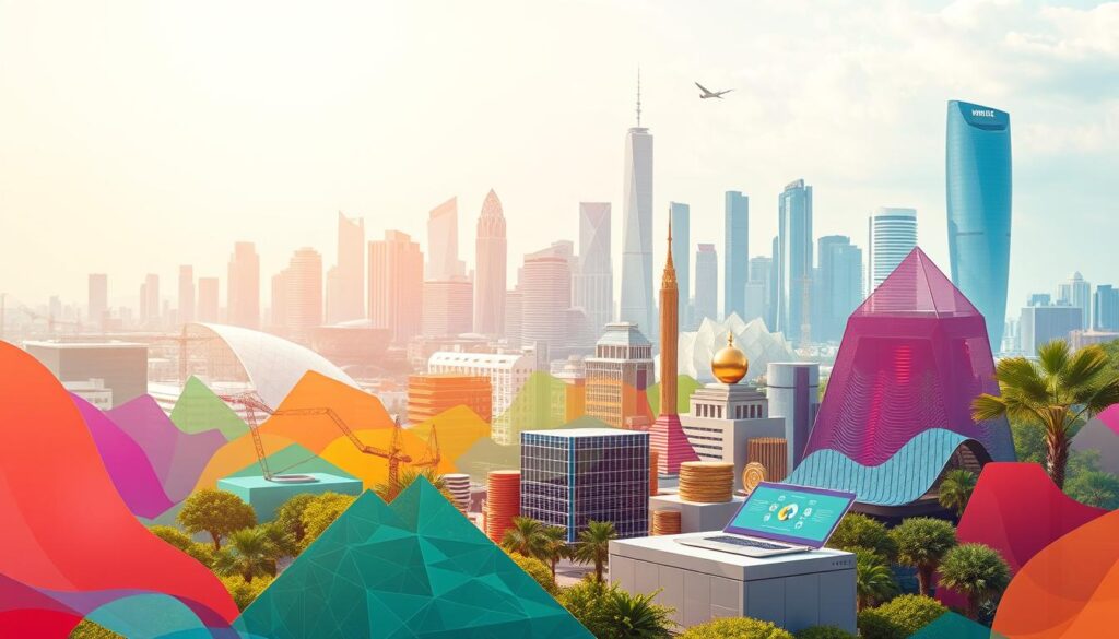 A modern financial landscape, with vibrant hues and dynamic shapes representing the evolving trends in funding. In the foreground, sleek digital devices and fintech interfaces suggest the integration of technology in the financing world. The middle ground showcases diverse investment vehicles, from cryptocurrency wallets to crowdfunding platforms, signifying the diversification of funding sources. In the background, a skyline of urban skyscrapers and futuristic architectural elements creates a sense of progress and innovation. Diffused lighting casts a warm, optimistic glow, reflecting the excitement and potential of the transformative financing trends. Captured with a wide-angle lens to convey the breadth and complexity of the topic.