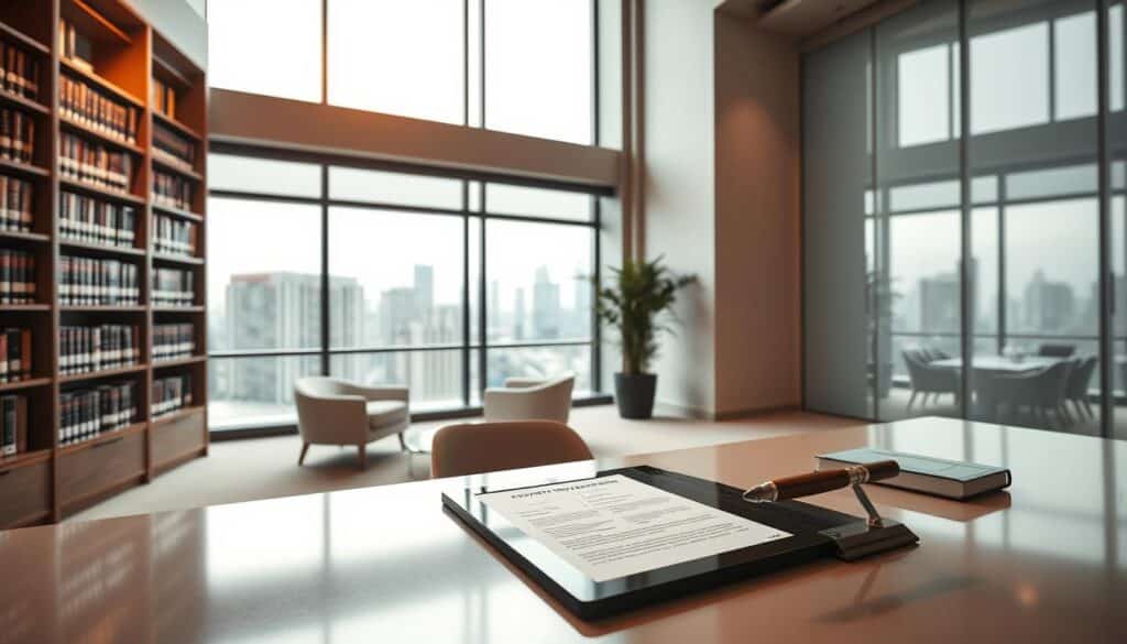 A modern law office interior with sleek, minimalist furnishings and large windows overlooking a cityscape. On the desk, a tablet and legal documents related to real estate investments. Bookshelves lining the walls contain volumes on property law and finance. The lighting is warm and focused, creating a professional yet inviting atmosphere. A potted plant adds a touch of nature to the space. The overall impression is one of expertise, diligence, and attention to legal detail when it comes to real estate investments. A modern law office interior with sleek, minimalist furnishings and large windows overlooking a cityscape. On the desk, a tablet and legal documents related to real estate investments. Bookshelves lining the walls contain volumes on property law and finance. The lighting is warm and focused, creating a professional yet inviting atmosphere. A potted plant adds a touch of nature to the space. The overall impression is one of expertise, diligence, and attention to legal detail when it comes to real estate investments.