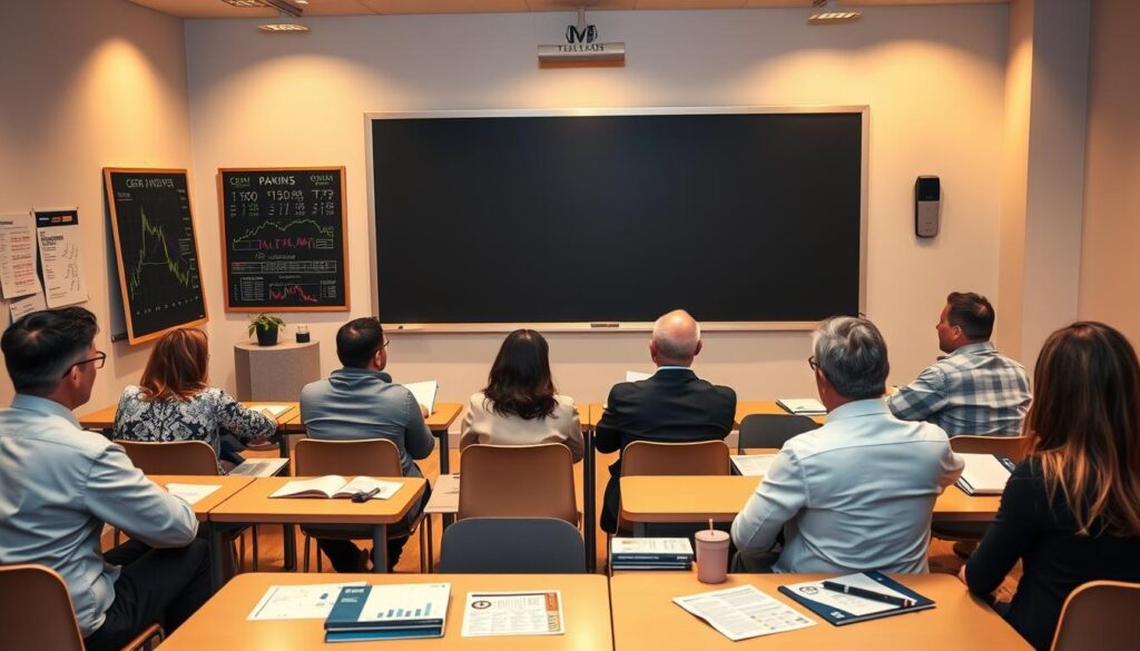A modern, minimal classroom setting with a chalkboard or whiteboard as the focal point. Warm lighting illuminates the space, creating a cozy, inviting atmosphere. In the foreground, a group of attentive investors sit at desks, taking notes and engaging in discussion. The middle ground features educational materials such as financial charts, stock tickers, and investment guides, hinting at the educational nature of the scene. The background showcases a panoramic view of a bustling cityscape, symbolizing the dynamic financial landscape. The overall composition conveys a sense of learning, growth, and the empowerment of investors in the Greek capital markets. A modern, minimal classroom setting with a chalkboard or whiteboard as the focal point. Warm lighting illuminates the space, creating a cozy, inviting atmosphere. In the foreground, a group of attentive investors sit at desks, taking notes and engaging in discussion. The middle ground features educational materials such as financial charts, stock tickers, and investment guides, hinting at the educational nature of the scene. The background showcases a panoramic view of a bustling cityscape, symbolizing the dynamic financial landscape. The overall composition conveys a sense of learning, growth, and the empowerment of investors in the Greek capital markets.