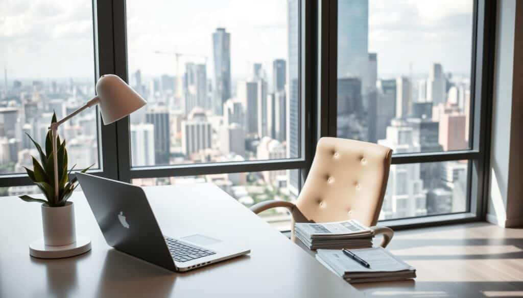 A modern, minimal office interior with a large window overlooking a vibrant cityscape. The foreground features a clean, uncluttered desk with a laptop, a plant, and a stylish desk lamp. On the desk, there is a stack of financial documents and a pen, suggesting a focus on productivity and business growth. The middle ground showcases a comfortable, ergonomic office chair in a muted color, hinting at a workspace designed for long hours of focused work. The background is filled with a stunning urban panorama, with skyscrapers and cranes in the distance, symbolizing the potential for increased income and professional advancement. The lighting is soft and natural, creating a warm and inviting atmosphere. Overall, the scene conveys a sense of efficiency, opportunity, and the drive to boost one's financial well-being.