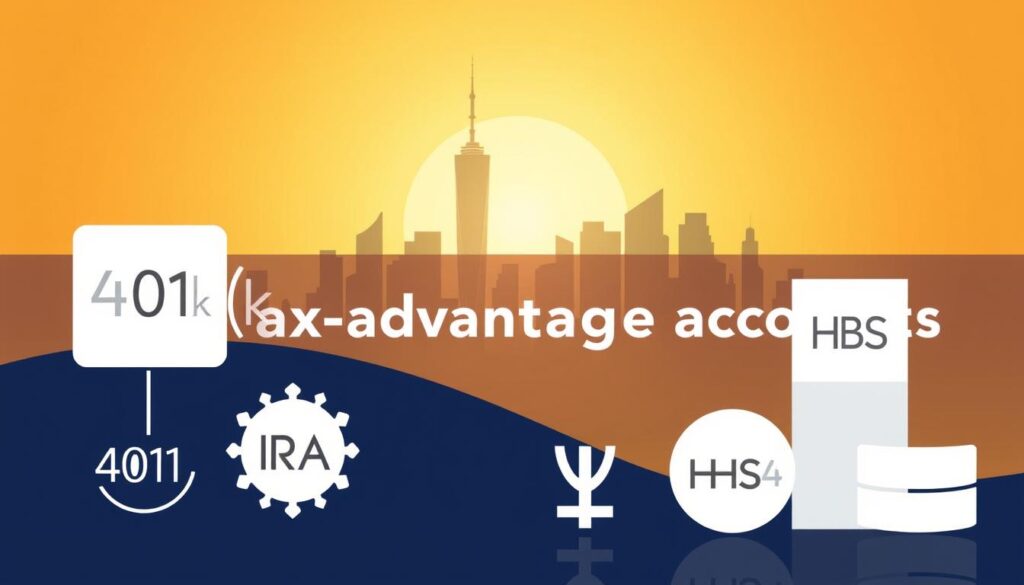 A modern, minimalist illustration of tax-advantaged accounts. In the foreground, a clean, geometric representation of various financial instruments such as 401(k), IRA, and HSA icons. The middle ground features a sleek, futuristic city skyline, symbolizing financial growth and security. The background is bathed in a warm, golden glow, creating an atmosphere of prosperity and stability. The overall composition is balanced, with a focus on the key tax-advantaged account elements, conveying a sense of financial savvy and long-term planning.