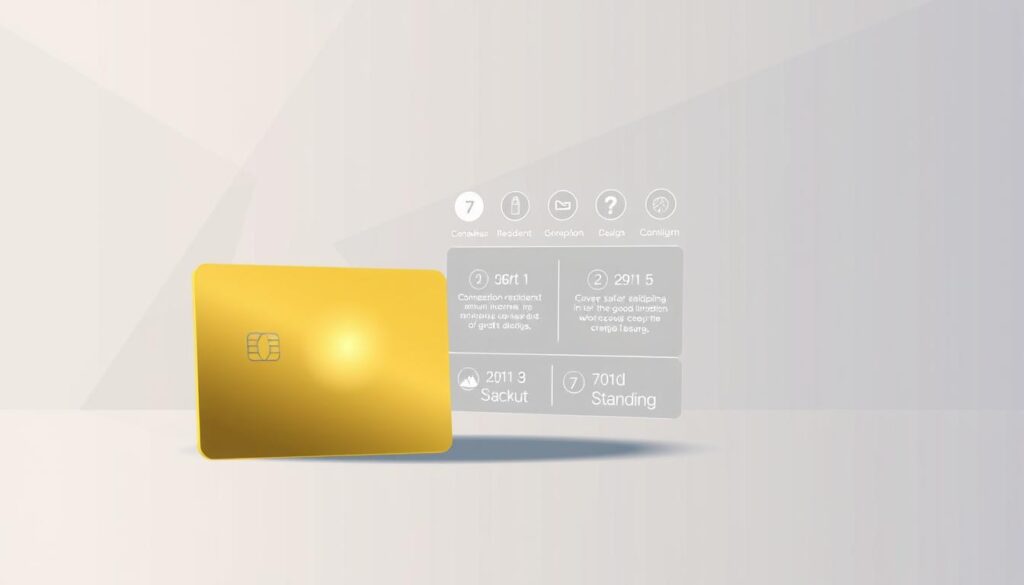 A modern, minimalist illustration showcasing the Scotiabank Gold credit card eligibility requirements. In the foreground, a clean, sleek credit card design in gold and navy blue hues, casting a soft glow. In the middle ground, a series of bulleted icons and text detailing the key eligibility criteria, such as Canadian residency, minimum annual income, and good credit standing. The background features a subtle, geometric pattern in complementary shades, creating a sense of depth and sophistication. The overall mood is one of professionalism, accessibility, and financial stability, reflecting the target audience and purpose of the image.