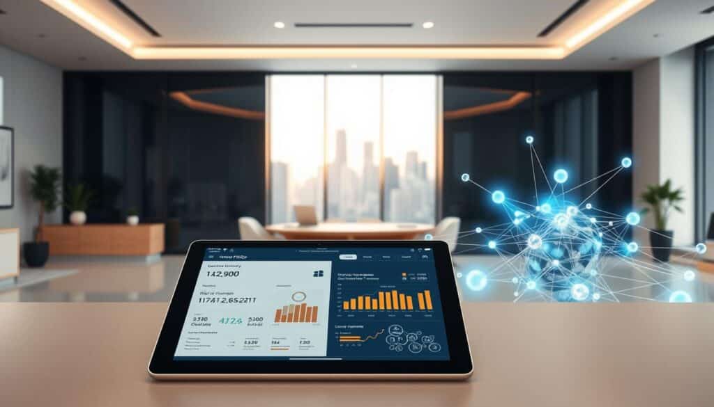 A modern, minimalist office space with clean lines and sleek furnishings. In the foreground, a tablet displays an interactive insurance policy dashboard, showcasing real-time risk analysis and personalized coverage recommendations. The middle ground features a stylized 3D visualization of an insurance network, with interconnected data nodes and secure transaction pathways. In the background, a large window overlooks a bustling futuristic cityscape, hinting at the interconnectedness of risk management and smart urban development. The lighting is soft and warm, creating a sense of technological sophistication and financial security.