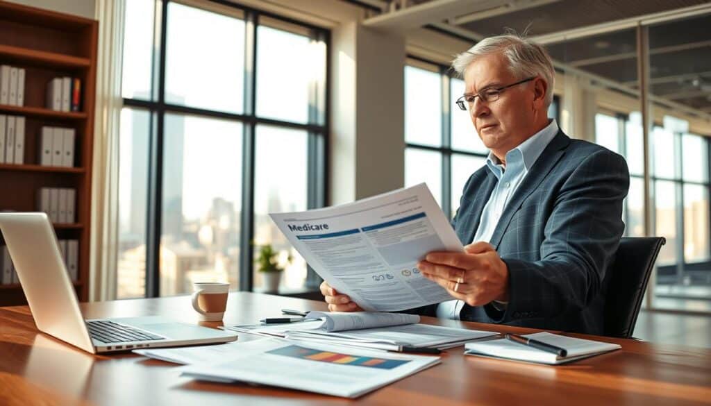 A modern office interior, with a large window overlooking a cityscape. On a neatly organized desk, various Medicare-related documents and informational brochures are spread out, alongside a laptop and a cup of coffee. The room is bathed in warm, natural lighting, creating a calm and professional atmosphere. In the foreground, a senior adult, dressed in business casual attire, is carefully reviewing the documents, their expression one of thoughtful contemplation. The overall scene conveys a sense of diligence and preparedness, with the focus on the individual's responsible approach to retirement planning and healthcare coverage. A modern office interior, with a large window overlooking a cityscape. On a neatly organized desk, various Medicare-related documents and informational brochures are spread out, alongside a laptop and a cup of coffee. The room is bathed in warm, natural lighting, creating a calm and professional atmosphere. In the foreground, a senior adult, dressed in business casual attire, is carefully reviewing the documents, their expression one of thoughtful contemplation. The overall scene conveys a sense of diligence and preparedness, with the focus on the individual's responsible approach to retirement planning and healthcare coverage.
