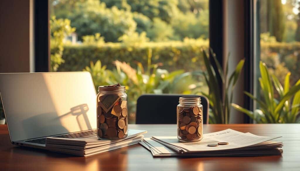 A modern, well-lit home office with a large window overlooking a lush, verdant garden. On the desk, a laptop and a stack of financial documents, alongside a glass jar filled with colorful bills and coins - a visual metaphor for high-yield savings. The scene is bathed in warm, golden light, conveying a sense of comfort, security, and financial stability. The overall atmosphere is one of calm, focused productivity, with the garden in the background serving as a soothing, natural backdrop.