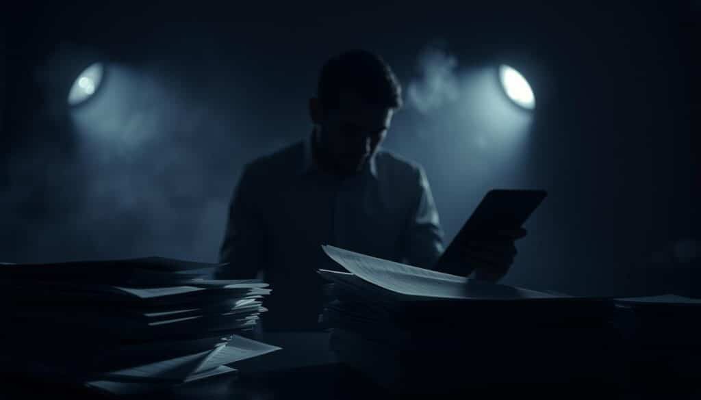 A moody, shadowy scene depicting the financial risks and challenges facing a small business. In the foreground, a stack of paperwork and financial documents cast in deep shadows, representing the complexity and uncertainty of securing funding. In the middle ground, a silhouetted figure poring over a tablet, brow furrowed, symbolizing the stress and anxiety of navigating the financing landscape. The background is a hazy, dimly lit environment, conveying a sense of unease and foreboding. Dramatic lighting casts sharp contrasts, adding to the sense of tension and risk. The overall atmosphere is one of apprehension and trepidation, reflecting the title "Κίνδυνοι και Προκλήσεις στην Χρηματοδότηση".