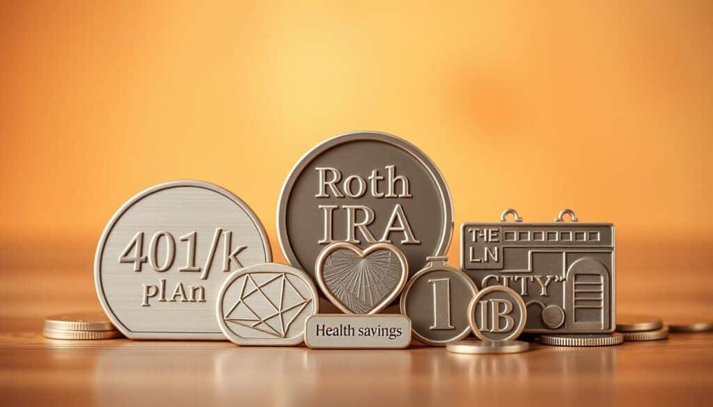 A neatly organized arrangement of tax-advantaged financial accounts, including a 401(k) plan, Roth IRA, and health savings account, set against a warm, soft-focus background. The accounts are depicted as elegant, metallic icons, with clean lines and geometric shapes, conveying a sense of security and growth. Subtle lighting from above casts a gentle glow, highlighting the accounts' details and creating a sense of depth and dimension. The overall scene exudes a feeling of financial stability and long-term wealth preservation.