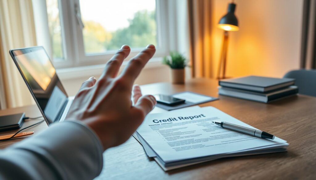 A neatly organized home office desk, illuminated by warm, natural lighting through a large window. On the desk, a laptop, a pen, and a stack of documents labeled "Credit Report" - the focus of the scene. A person's hand hovers over the documents, ready to dispute errors and inaccuracies. The atmosphere is one of focused determination, with a sense of purpose and attention to detail conveyed through the careful arrangement of the elements. The overall mood is one of diligence and a commitment to improving one's financial standing.