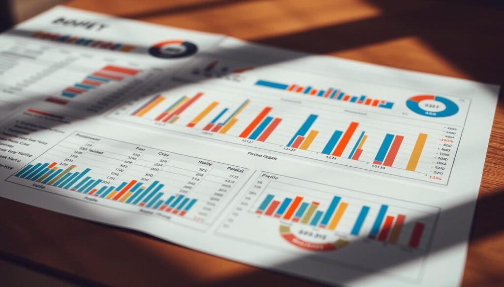 A neatly organized spreadsheet or financial dashboard fills the frame, showcasing a carefully tracked budget with colorful charts and graphs. The scene is illuminated by warm, directional lighting, casting shadows that add depth and dimension. The layout is clean and minimalist, emphasizing the clarity and precision of the financial data. The overall mood is one of control, progress, and financial well-being, reflecting the importance of diligently monitoring one's budget over time.