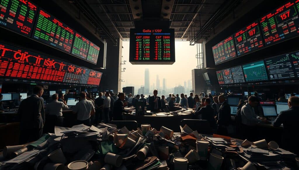 A panoramic view of a chaotic stock exchange floor, with traders frantically gesturing and screens flashing red and green data. The lighting is harsh, casting dramatic shadows across the scene. In the foreground, a pile of scattered financial documents and discarded coffee cups convey the high-stress environment. The middle ground features a towering electronic display board, its numbers constantly fluctuating, symbolizing the unpredictable nature of the market. In the background, a hazy cityscape suggests the broader economic context. The overall mood is one of uncertainty and risk, capturing the essence of the "Ρίσκα στο χρηματιστηριακό εμπόριο" section of the article.