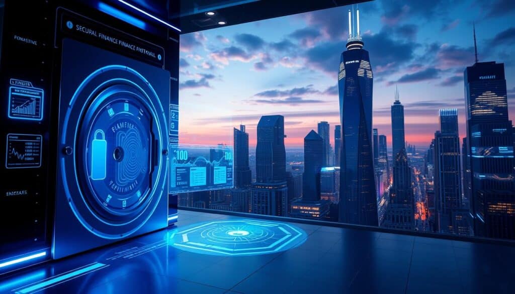 A pristine, high-resolution image of a secure digital finance hub. In the foreground, a virtual vault door with biometric security systems, bathed in cool blue lighting. The middle ground depicts a holographic display with real-time financial data and transaction logs, surrounded by sleek, futuristic interfaces. In the background, a cityscape of towering cyberpunk skyscrapers, their facades adorned with abstract data visualizations, all under a moody, neon-tinged evening sky. The overall scene conveys a sense of advanced technological prowess, robust digital safeguards, and the utmost care in protecting one's financial well-being. A pristine, high-resolution image of a secure digital finance hub. In the foreground, a virtual vault door with biometric security systems, bathed in cool blue lighting. The middle ground depicts a holographic display with real-time financial data and transaction logs, surrounded by sleek, futuristic interfaces. In the background, a cityscape of towering cyberpunk skyscrapers, their facades adorned with abstract data visualizations, all under a moody, neon-tinged evening sky. The overall scene conveys a sense of advanced technological prowess, robust digital safeguards, and the utmost care in protecting one's financial well-being.