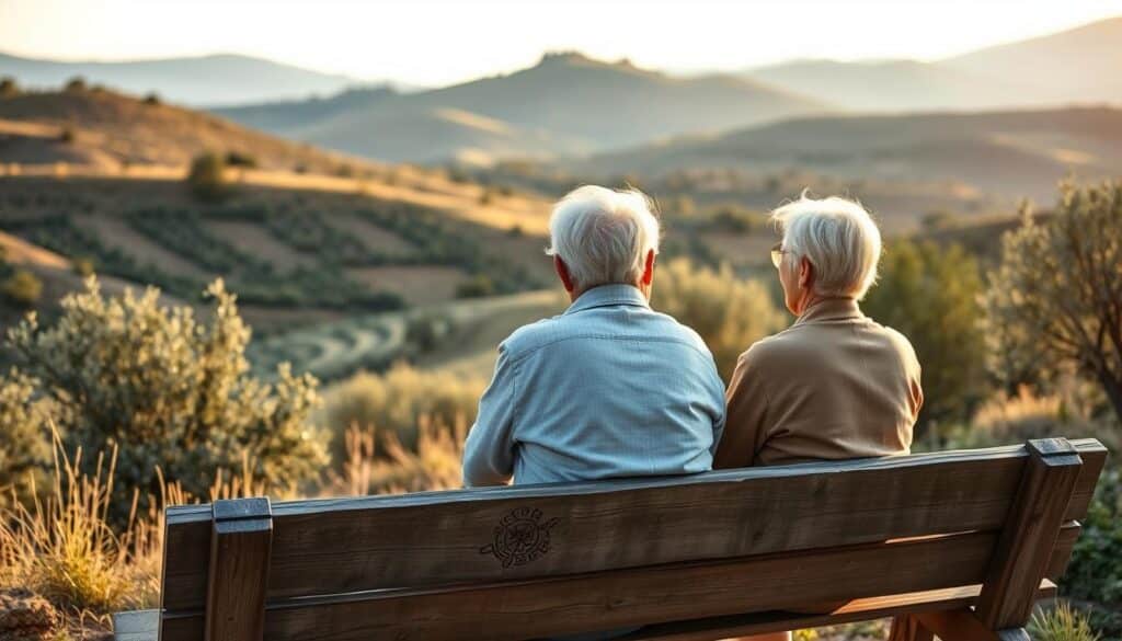 A serene Greek countryside, with rolling hills and olive groves in the background. In the foreground, an elderly couple sits on a weathered wooden bench, engaged in a warm conversation. Their faces reflect the wisdom and experiences of a lifetime, inviting the viewer to imagine the personal stories they might share. The gentle afternoon sunlight casts a soft, golden glow, creating an atmosphere of tranquility and contemplation. The scene conveys a sense of intergenerational connection and the importance of preserving family legacies in the context of Greek inheritance planning. A serene Greek countryside, with rolling hills and olive groves in the background. In the foreground, an elderly couple sits on a weathered wooden bench, engaged in a warm conversation. Their faces reflect the wisdom and experiences of a lifetime, inviting the viewer to imagine the personal stories they might share. The gentle afternoon sunlight casts a soft, golden glow, creating an atmosphere of tranquility and contemplation. The scene conveys a sense of intergenerational connection and the importance of preserving family legacies in the context of Greek inheritance planning.