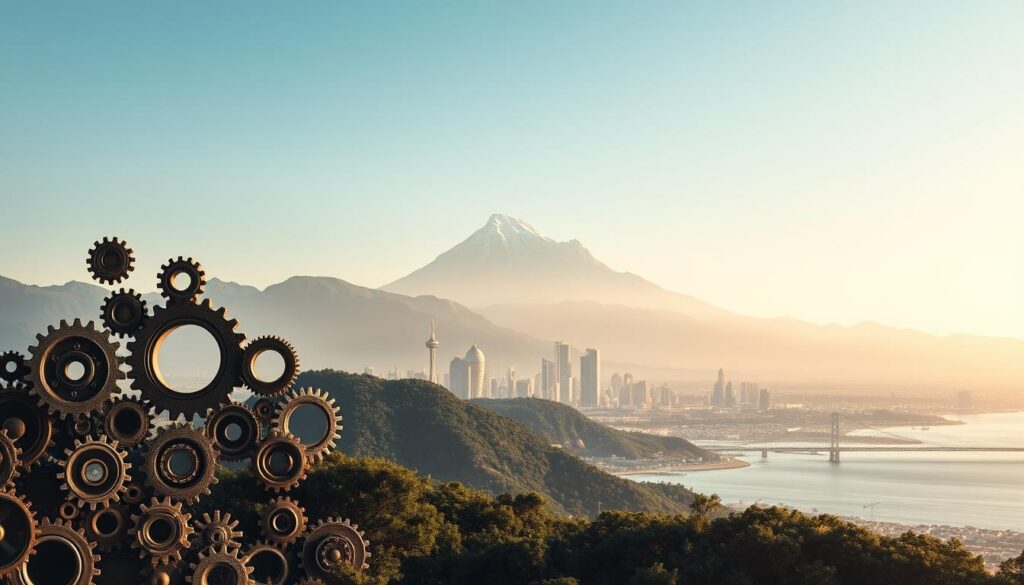 A serene and balanced investment landscape, with a focal point of a carefully constructed risk management framework. The foreground features a network of interconnected gears, symbolizing the intricate mechanisms of risk assessment and mitigation. The middle ground showcases a tranquil cityscape, representing the stable and prosperous environment fostered by prudent investment strategies. In the background, a majestic mountain range stands tall, conveying the sense of strength and resilience that comes from embracing a comprehensive approach to risk management. The lighting is soft and warm, creating an atmosphere of confidence and security. The camera angle is slightly elevated, allowing the viewer to survey the scene and appreciate the harmonious integration of the various elements.