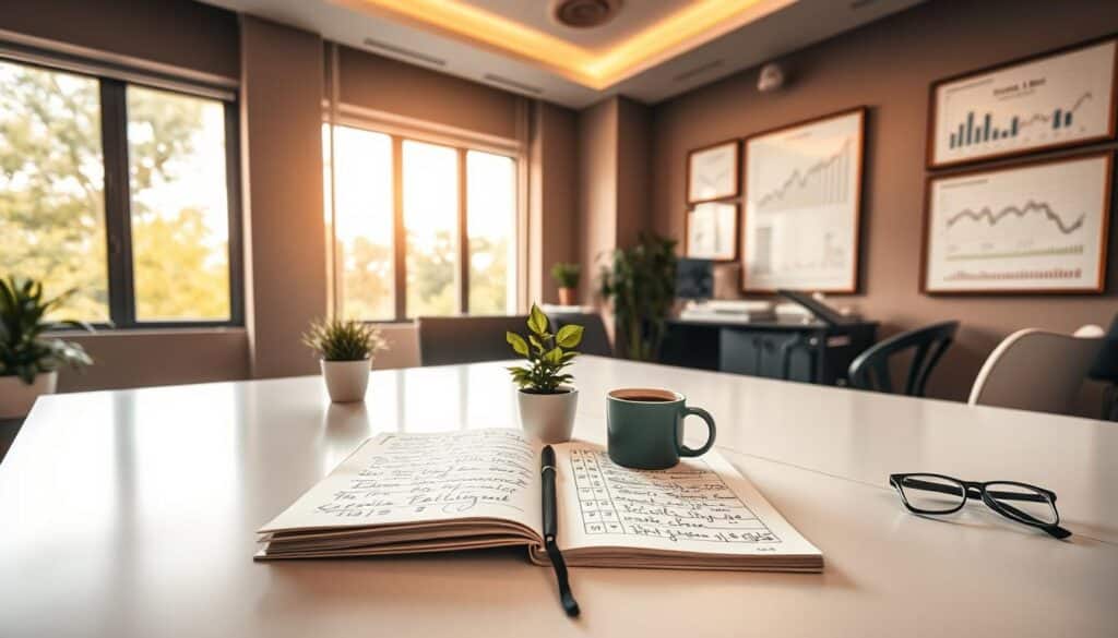 A serene and inviting office space, flooded with warm natural light from large windows. On a sleek, minimalist desk, an open notebook with handwritten financial notes and a cup of coffee sit alongside a potted plant and a pair of reading glasses. The walls are adorned with framed financial charts and graphs, creating a sense of professionalism and expertise. The overall atmosphere is one of thoughtful contemplation and financial wisdom, reflecting the "Συμβουλές για αρχάριους επενδυτές" (Advice for Beginner Investors) section. The lighting is soft and diffused, creating a calming and inviting mood for the viewer. A serene and inviting office space, flooded with warm natural light from large windows. On a sleek, minimalist desk, an open notebook with handwritten financial notes and a cup of coffee sit alongside a potted plant and a pair of reading glasses. The walls are adorned with framed financial charts and graphs, creating a sense of professionalism and expertise. The overall atmosphere is one of thoughtful contemplation and financial wisdom, reflecting the "Συμβουλές για αρχάριους επενδυτές" (Advice for Beginner Investors) section. The lighting is soft and diffused, creating a calming and inviting mood for the viewer.