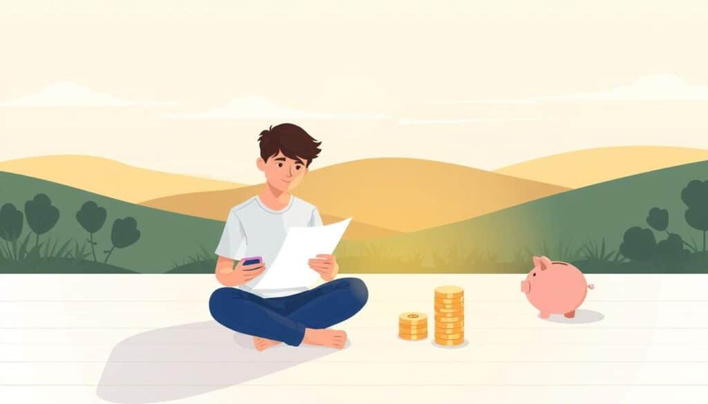 A serene and minimalist illustration of "Αποταμίευση για αρχάριους". In the foreground, a young person sits cross-legged, studying financial documents with a focused expression. The middle ground features a simple desk with a laptop, piggy bank, and a stack of coins, all bathed in warm, soft lighting. The background depicts a tranquil, nature-inspired setting, with gentle hills, lush greenery, and a calming sky. The overall atmosphere conveys a sense of simplicity, concentration, and financial wellbeing, suitable for guiding novice savers towards financial stability.