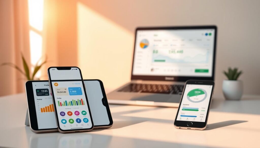 A serene and minimalist scene showcasing a selection of the best personal finance apps on various mobile devices. In the foreground, a sleek smartphone and tablet display clean, intuitive interfaces with colorful graphs, charts, and icons. In the middle ground, a laptop screen shows a budgeting app with detailed expense tracking. The background is a soft, neutral-toned environment, creating a calming, productivity-focused atmosphere. Warm, natural lighting casts a gentle glow, highlighting the modern, tech-savvy aesthetic. The overall composition conveys the ease and effectiveness of leveraging digital tools to enhance one's financial management.