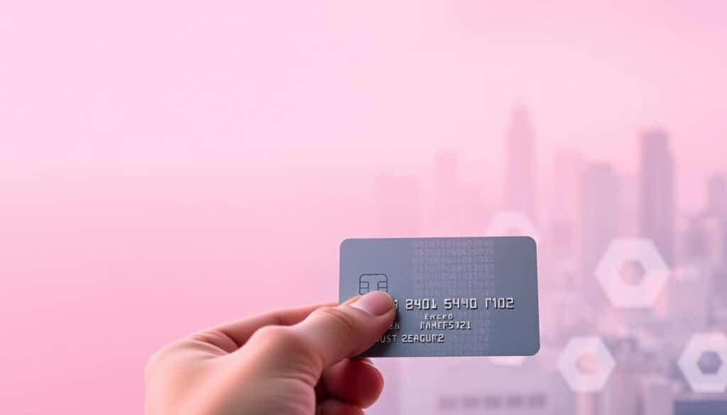 A serene and secure digital transaction scene. In the foreground, a hand holding a sleek, minimalist credit card against a soft, pastel background. The card's surface gleams with a subtle, encrypted pattern, conveying a sense of technological sophistication and data protection. In the middle ground, abstract geometric shapes in complementary hues suggest the flow of information and financial data. The background features a soft, out-of-focus cityscape, hinting at the broader context of modern, urban financial transactions. The overall mood is one of confidence, trust, and technological advancement, suitable for illustrating the "security" criteria in the article's section on payment card selection.