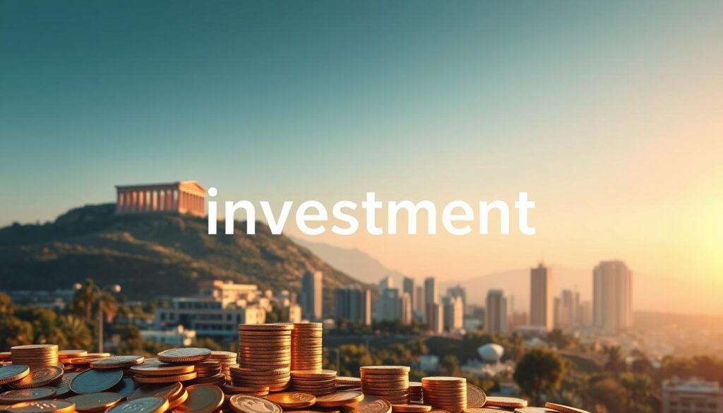 A serene and sophisticated financial landscape, with a central focus on the Greek word "Επενδύσεις" (Investments) rendered in a sleek, minimalist typeface. The foreground showcases various financial instruments such as coins, graphs, and charts, all bathed in a warm, golden light. The middle ground features modern office buildings and skyscrapers, conveying a sense of progress and prosperity. In the background, a majestic Greek temple or ancient ruin stands tall, symbolizing the rich heritage and enduring nature of financial wisdom. The overall mood is one of stability, growth, and prudent financial stewardship.