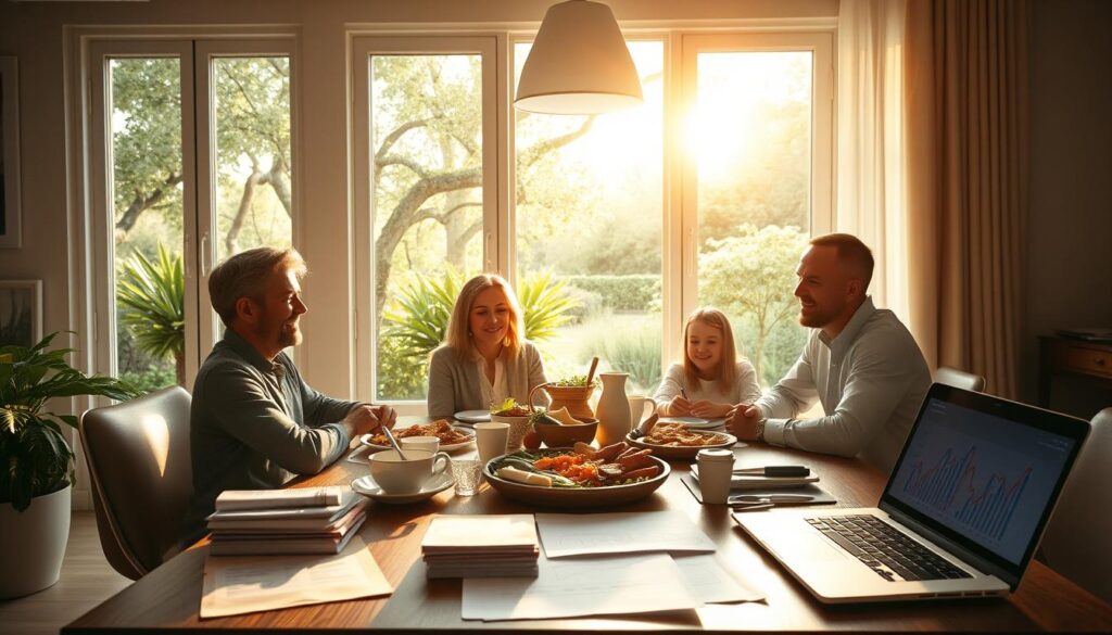 A serene home interior with a large window overlooking a lush garden. Sunlight streams in, casting a warm, golden glow throughout the room. On a wooden table, a family gathers around a simple, yet nourishing meal. Carefully balanced budgets, savings, and investments are represented by orderly financial documents and a laptop displaying graphs. The atmosphere exudes a sense of contentment, security, and financial well-being. The overall composition conveys the idea of economic prosperity and domestic harmony. A serene home interior with a large window overlooking a lush garden. Sunlight streams in, casting a warm, golden glow throughout the room. On a wooden table, a family gathers around a simple, yet nourishing meal. Carefully balanced budgets, savings, and investments are represented by orderly financial documents and a laptop displaying graphs. The atmosphere exudes a sense of contentment, security, and financial well-being. The overall composition conveys the idea of economic prosperity and domestic harmony.
