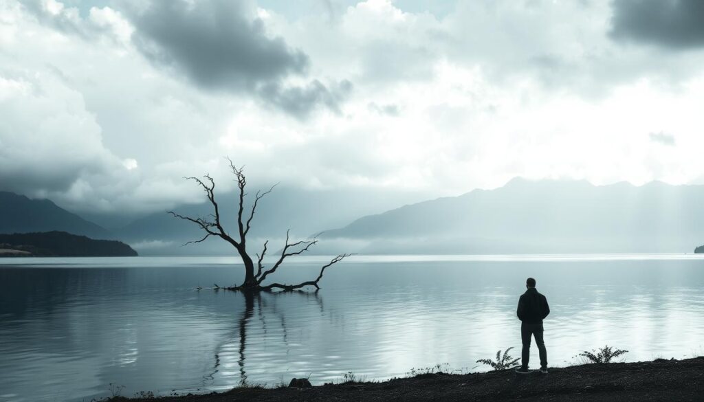 A serene landscape with a calm lake reflecting the stormy clouds overhead. In the foreground, a lone figure stands on the shore, their posture suggesting contemplation and resilience. The middle ground features a sparse, gnarled tree, its bare branches reaching skyward, symbolic of the challenges faced during turbulent times. In the distance, a range of rugged mountains looms, their peaks shrouded in mist, hinting at the unpredictable nature of economic conditions. The overall tone is one of introspection and determination, with the scene conveying the message of weathering the storm and emerging stronger. Soft, dramatic lighting casts long shadows, adding depth and a sense of gravitas to the composition. A serene landscape with a calm lake reflecting the stormy clouds overhead. In the foreground, a lone figure stands on the shore, their posture suggesting contemplation and resilience. The middle ground features a sparse, gnarled tree, its bare branches reaching skyward, symbolic of the challenges faced during turbulent times. In the distance, a range of rugged mountains looms, their peaks shrouded in mist, hinting at the unpredictable nature of economic conditions. The overall tone is one of introspection and determination, with the scene conveying the message of weathering the storm and emerging stronger. Soft, dramatic lighting casts long shadows, adding depth and a sense of gravitas to the composition.