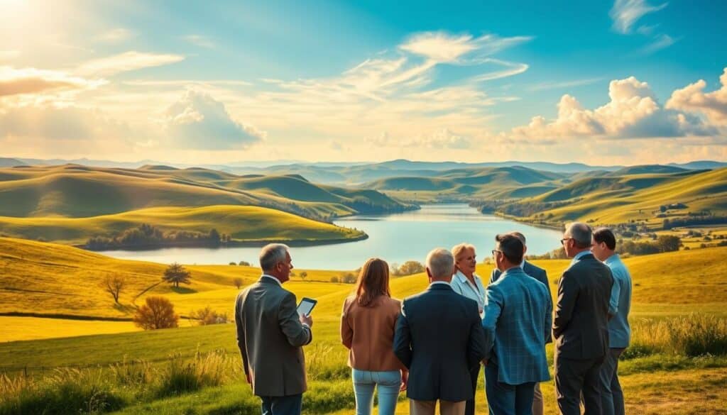 A serene landscape with rolling hills, lush green meadows, and a tranquil lake reflecting the azure sky. Shafts of warm, golden sunlight stream through wispy clouds, casting a soft, ambient glow over the scene. In the foreground, a group of prosperous-looking people gather, engaged in animated discussions about various investment strategies. Their attire and demeanor suggest an air of confidence and prosperity. Strategically placed financial documents, graphs, and tablets convey the serious nature of their investment deliberations. The overall atmosphere evokes a sense of thoughtful consideration, prudent decision-making, and the promise of successful investments.