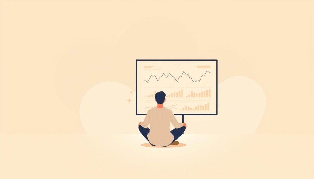 A serene, minimalist illustration of the psychology behind investment decisions. A lone figure sits cross-legged, gazing thoughtfully at a screen displaying financial charts and graphs, surrounded by a soft, muted color palette. The lighting is warm and diffused, creating a contemplative, introspective atmosphere. In the background, abstract shapes and patterns subtly reference the complexities of the financial markets. The composition is balanced and refined, inviting the viewer to reflect on the cognitive and emotional factors that influence investment behaviors.