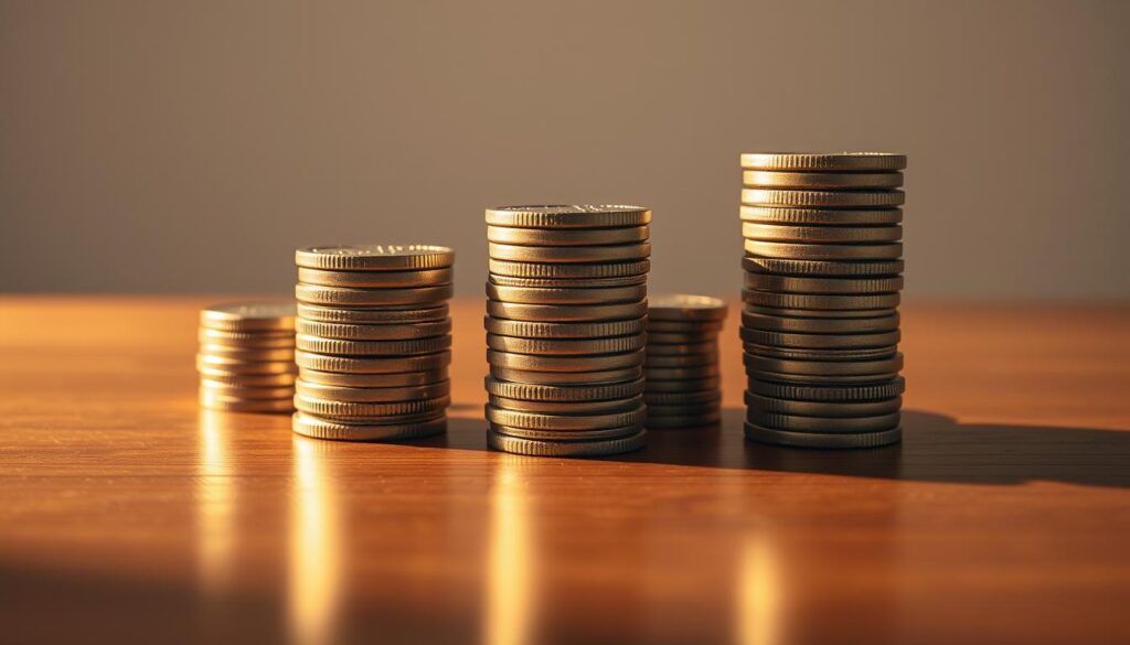 A serene, minimalist scene depicting stacks of Greek drachma coins, neatly arranged on a polished wooden surface. The coins cast gentle shadows, creating a sense of depth and dimension. Soft, warm lighting from an unseen source bathes the scene in a golden glow, evoking a sense of prosperity and financial security. The background is a neutral, muted palette, allowing the coins to take center stage. The composition is symmetrical and visually balanced, conveying a sense of order and careful planning. The overall atmosphere is one of thoughtful savings, financial prudence, and a commitment to long-term financial well-being.