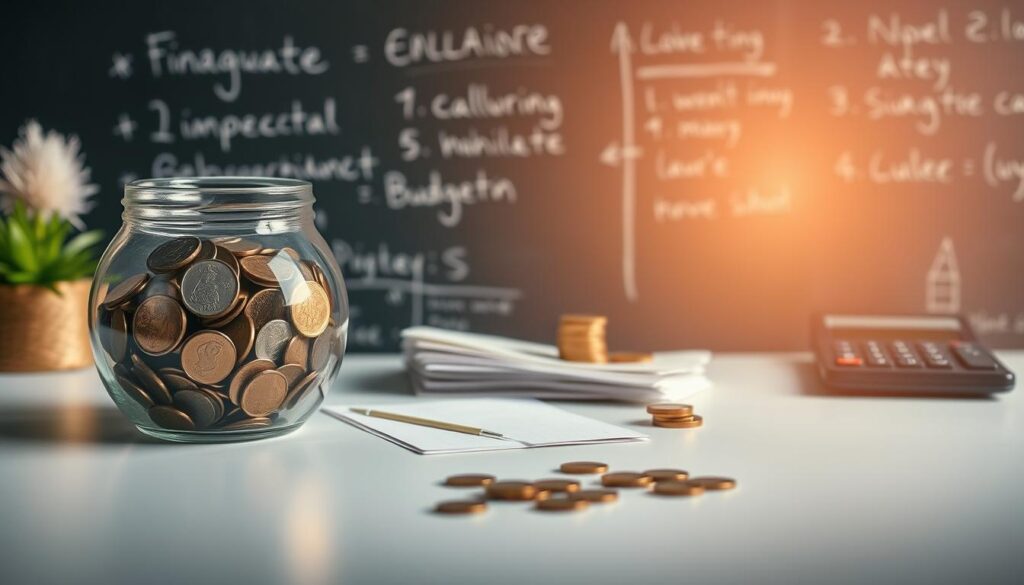 A serene, minimalist still-life depicting various methods of saving money. In the foreground, a glass piggy bank overflows with coins, casting a warm, golden glow. In the middle ground, a stack of bills and coins sit neatly arranged, surrounded by envelopes and a calculator, hinting at budgeting and organization. The background features a chalkboard or whiteboard, with handwritten financial strategies and tips. Soft, diffused lighting illuminates the scene, creating a sense of calm and thoughtfulness. The overall mood is one of financial responsibility and prudent money management.