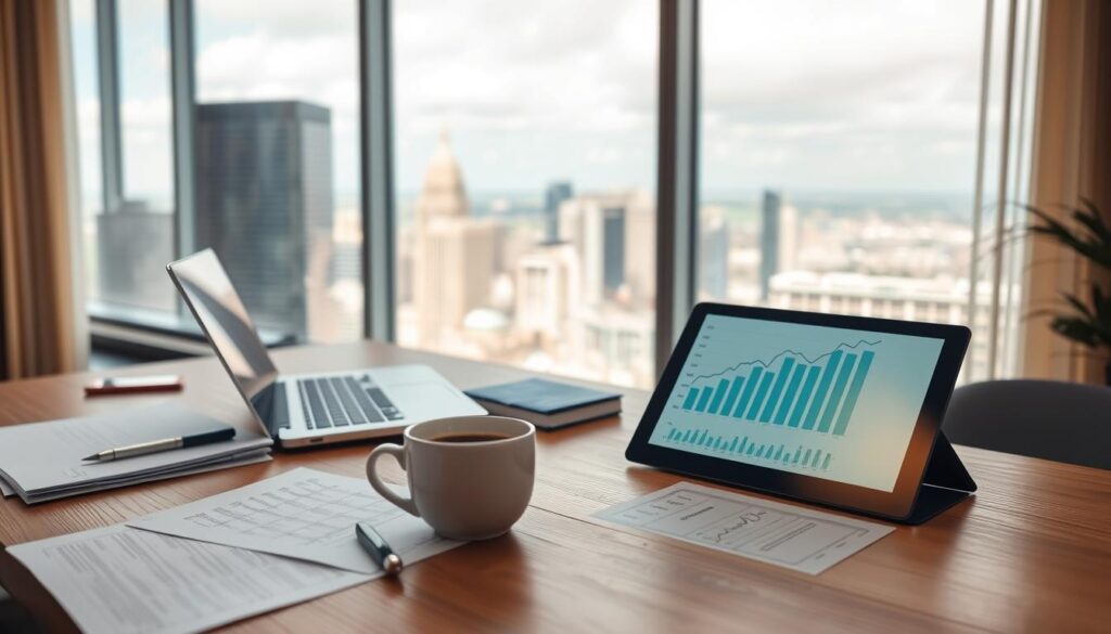 A serene, modern financial office scene with a large, well-lit window showcasing a breathtaking city skyline in the background. In the foreground, a wooden desk with a laptop, a cup of coffee, and carefully arranged financial documents. On the desk, a tablet displays a graph illustrating investment portfolio growth. The lighting is warm and natural, creating a sense of professionalism and efficiency. The overall atmosphere conveys a feeling of thoughtful, strategic investment planning and prudent financial decision-making. A serene, modern financial office scene with a large, well-lit window showcasing a breathtaking city skyline in the background. In the foreground, a wooden desk with a laptop, a cup of coffee, and carefully arranged financial documents. On the desk, a tablet displays a graph illustrating investment portfolio growth. The lighting is warm and natural, creating a sense of professionalism and efficiency. The overall atmosphere conveys a feeling of thoughtful, strategic investment planning and prudent financial decision-making.