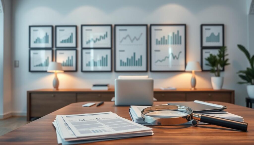 A serene, modern office interior with a minimalist design. Soft, warm lighting illuminates a large wooden desk, upon which sits a laptop, a pen, and a stack of financial documents. On the wall behind the desk, a series of framed financial charts and graphs depict various investment strategies. In the foreground, a stack of investment prospectuses and a magnifying glass, symbolizing the careful research and attention to detail required before making an investment decision. The overall atmosphere conveys a sense of thoughtfulness, caution, and financial prudence. A serene, modern office interior with a minimalist design. Soft, warm lighting illuminates a large wooden desk, upon which sits a laptop, a pen, and a stack of financial documents. On the wall behind the desk, a series of framed financial charts and graphs depict various investment strategies. In the foreground, a stack of investment prospectuses and a magnifying glass, symbolizing the careful research and attention to detail required before making an investment decision. The overall atmosphere conveys a sense of thoughtfulness, caution, and financial prudence.