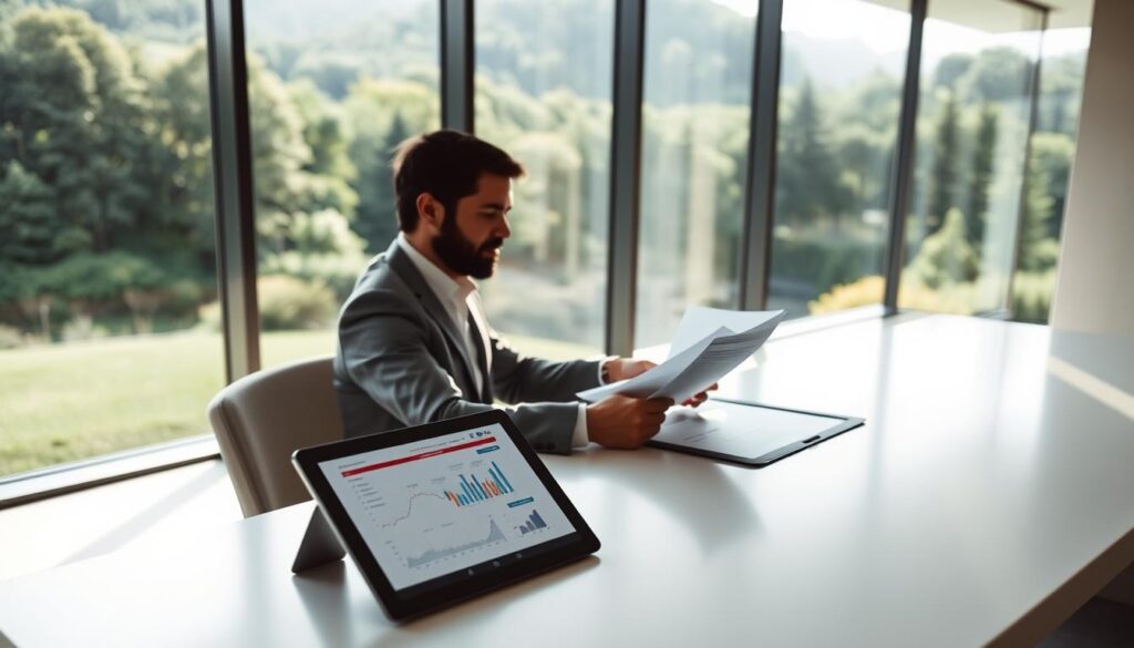 A serene, modern office setting with floor-to-ceiling windows overlooking a lush, green landscape. In the foreground, a well-dressed individual sits at a sleek, minimalist desk, intently studying financial documents and charts. Soft, natural lighting filters in, casting a warm glow on the scene. On the desk, a tablet displays a visual representation of tax-efficient investment strategies, with clear, intuitive infographics. The atmosphere conveys a sense of calm, focus, and financial savvy, reflecting the subject of "Tax-Efficient Strategies to Maximize Wealth Growth".