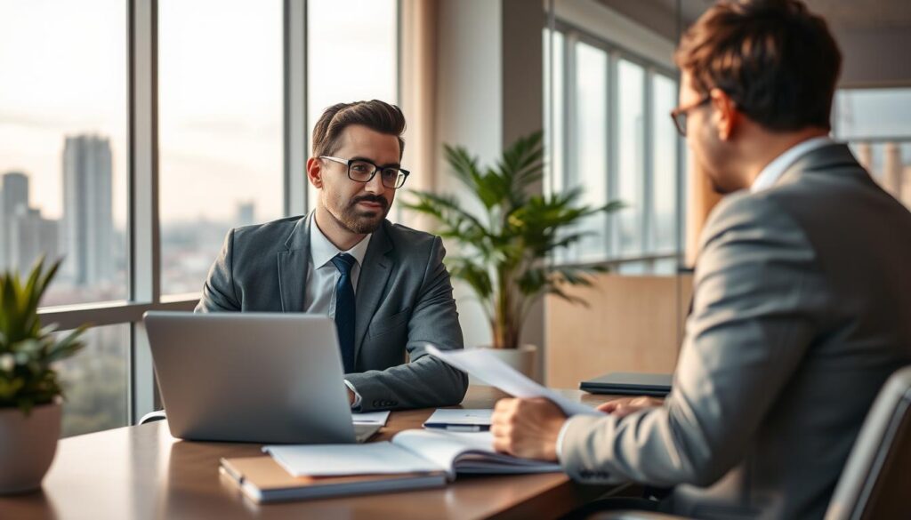 A serene, modern office setting with large windows overlooking a picturesque cityscape. In the foreground, a well-dressed professional tax consultant is engaged in an earnest discussion with a client, their expressions conveying trust and confidence. The middle ground features neatly organized documents, a laptop, and a strategically placed potted plant, suggesting a productive, efficient workspace. The background is softly lit, with warm, natural tones that create a welcoming atmosphere. The overall scene evokes a sense of expertise, transparency, and the financial benefits of professional tax advice.