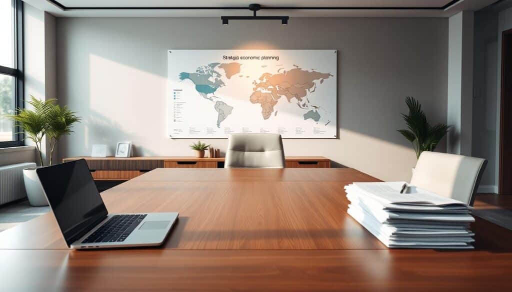 A serene office setting with a large wooden desk, a laptop, and a stack of financial documents. Overhead lighting casts a warm, focused glow, illuminating a detailed map of strategic economic planning displayed on the wall behind the desk. Sleek, modern furniture and minimalist decor create a professional, yet contemplative atmosphere. Soft shadows and muted tones evoke a sense of thoughtful deliberation, as if the viewer is privy to the inner workings of an executive's strategic economic planning process.