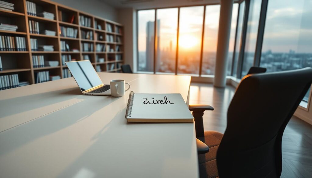 A serene office setting, with a wide desk and ergonomic chair in the foreground. On the desk, a laptop, a mug of coffee, and a notebook with handwritten "οικονομικοί στόχοι" in the center. Soft, warm lighting illuminates the scene, creating a contemplative atmosphere. In the middle ground, bookshelves line the walls, filled with financial books and reports. The background features a large window overlooking a cityscape, with the sun setting in the distance, casting a golden glow. The overall composition conveys a sense of focus, organization, and financial planning.